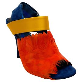 Décolleté slingback in scamosciato blu con punta aperta e piume arancioni Dries van Noten