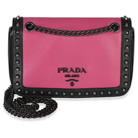 Prada Black Pink Calfskin Glace Studded Chain Flap