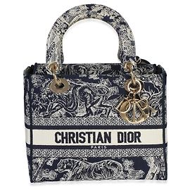 Christian Dior Navy Canvas Toile De Jouy Ricamato Medium Lady D-Lite