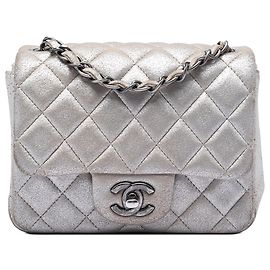 Chanel Mini Square Classic Marrone Lambskin Metallizzato con Patta Singola
