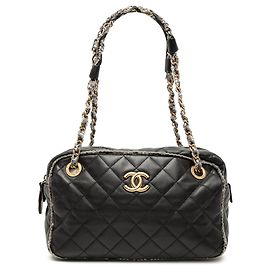 Borsa Chanel Black CC Quilted Lambskin Tweedy Bowler