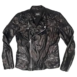 Autre Marque Tigha Doppelreihige Slim Fit Lederbikerjacke Schwarz
