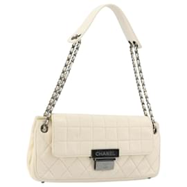 CHANEL Choco Bar Chain Shoulder Bag Lamb Skin White Silver CC Auth 177622