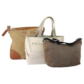 Borsa a Spalla PRADA Tela Nylon Pelle 3 Set Marrone Bianco Autentico bs34891