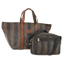 Borsa a Spalla FENDI Pecan Canvas PVC 2 Set Nero Marrone Auth bs34895