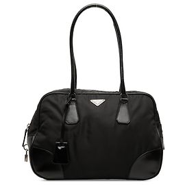 Borsa Bauletto Prada in Tessuto nero con bordi in pelle di vitello morbida