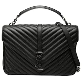 Borsa College Saint Laurent in pelle di pecora nera con monogramma Chevron Large