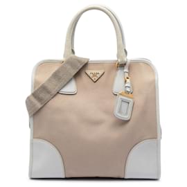 Prada Satchel Beige Saffiano Trimmed Canvas Canapa