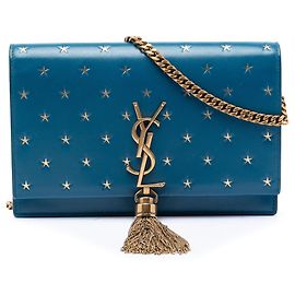 Cartera con cadena Kate con borla y estampado de estrellas en piel de becerro azul Saint Laurent