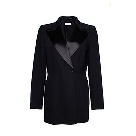 Dries van Noten, blazer in lana nera con rever brillante e bottoni a pressione nella taglia EU40/L.