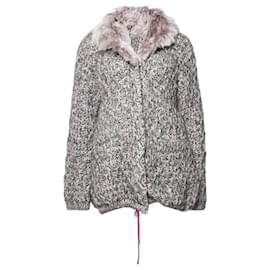Ermanno Scervino, grauer Strickcardigan mit Pelzkragen.