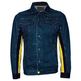 Diesel, Blaue Jeansjacke mit gelben Streifen.