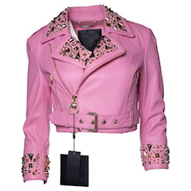 Philipp Plein, chaqueta biker de cuero corta rosa Disney