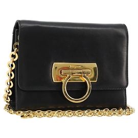 Borsa a tracolla Salvatore Ferragamo Gancini con catena in pelle nera e oro Auth 179103