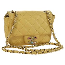 CHANEL Mini Matelasse 16 Chain Bag Lamb Skin Yellow Gold CC Auth 178543SAV