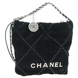 CHANEL 22 Borsa a Spalla con Cordino in Scamosciato Nero e Argento CC Auth BA12610SM
