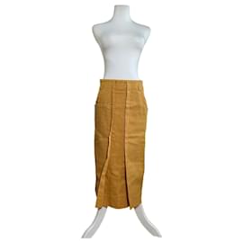 Gonna midi vintage Dior in lino senape con dettaglio a pieghe