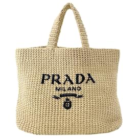 Prada Tote Beige mit Raphia-Effekt, Häkeloptik und gesticktem Logo Large
