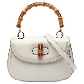Borsa Gucci con manico in bambù in pelle di vitello bianca con stampa cornice