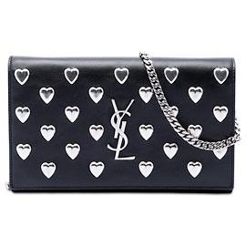 Saint Laurent Borsa a tracolla Kate in pelle di vitello nera Medium con monogramma e cuori borchiati