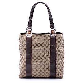 Gucci Beige Large GG Canvas Bamboo Libeccio Tote