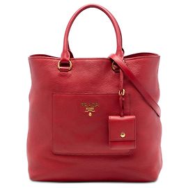 Borsa Tote Convertibile Prada Red Vitello Daino con Tasca Anteriore