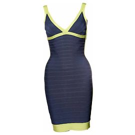 Herve Leger, blaues Bodycon-Kleid mit limonengrünen Akzenten, Größe S