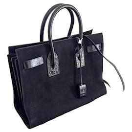 Saint Laurent Sac De Jour Tote Bag Wildleder Schwarz Krokodilprägung