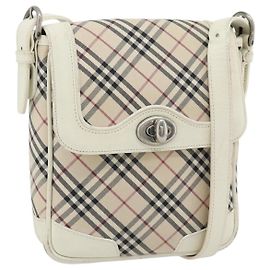 Borsa a Spalla BURBERRY Nova Check in Tela Avorio Argento Auth BA12921