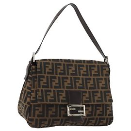 FENDI Zucca Canvas Mamma Baguette Bolso de Hombro Negro Marrón Auth 179826SAV