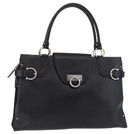 Salvatore Ferragamo Gancini Hand Bag Leather Black Silver Auth BA12902