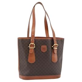 Céline Borsa Tote CELINE Macadam Canvas PVC Pelle Marrone Oro Auth 180666