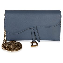 Pochette Small Saddle in pelle di vitello granulata blu Christian Dior con catena
