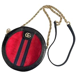 Gucci Ophidia Mini Borsa Rotonda in Velluto Rosso e Pelle Verniciata Nera