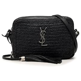 Borsa Camera Lou in rafia intrecciata e pelle nera Saint Laurent