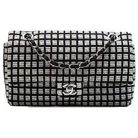 Chanel Black Medium Classic Tweed e Ribbon Logo Double Flap