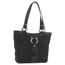 Borsa Tote Salvatore Ferragamo Gancini in tela nero argento Auth BA12719