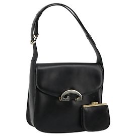 Borsa a tracolla GUCCI in pelle nera con dettagli argento Auth 180462