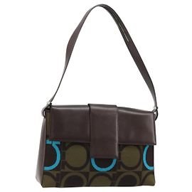 Borsa Salvatore Ferragamo Gancini in tessuti in maglia marrone argento Auth BA12720