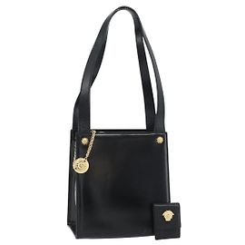 Gianni Versace Schultertasche aus Leder Schwarz Gold Auth ka4376A
