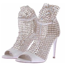 Sandali con tacco Rene Caovilla in raso argento con cristalli