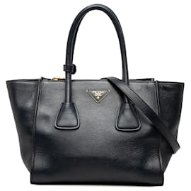 Prada Blue Glace Calf Twin Pocket Double Handle Satchel
