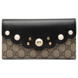 Gucci Beige GG Supreme Pearl Studded Peony Long Wallet