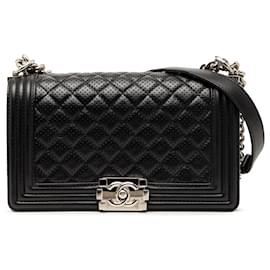 Chanel Black Old Medium Quilted Perforated Lambskin Boy Flap