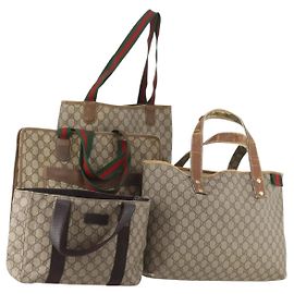 Bolsa Tote GUCCI GG Supreme Web Sherry Line PVC 4 Set Bege Marrom Auth 178835