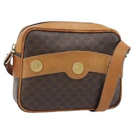 Céline CELINE Macadam Canvas Schultertasche PVC Leder Braun Gold Auth 180579A