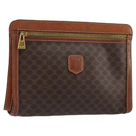 Céline Clutch CELINE in tela Macadam PVC Pelle Marrone Oro Auth ka4359