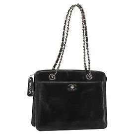 CHANEL Bolso de mano Matelasse con cadena de piel charol negra plata CC Auth bs35206