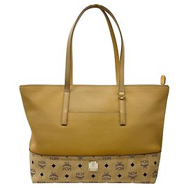 Borsa shopper tote MCM Wilder in pelle beige e pelle Visetos