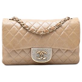 Chanel Gold Small Quilted Iridescent Lambskin Pearl CC Crystal Flap